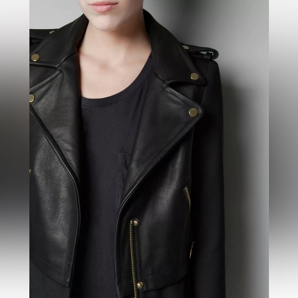 Zara genuine leather yoke coat mixed material moto jacket small gold hardware - Picture 4 of 7